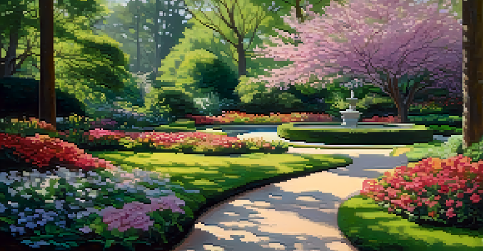 A colorful botanical garden filled with blooming flowers and a serene water feature, with a winding path through the greenery illuminated by soft morning light.