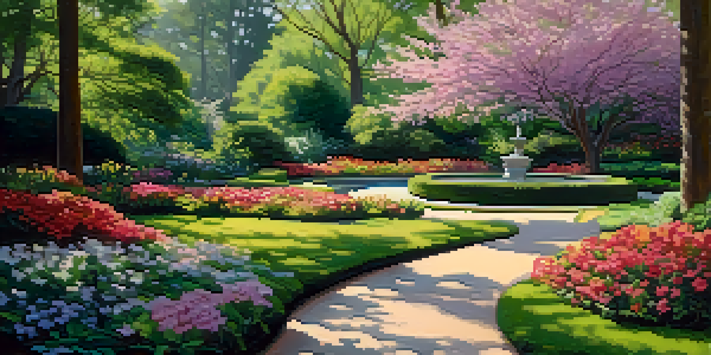 A colorful botanical garden filled with blooming flowers and a serene water feature, with a winding path through the greenery illuminated by soft morning light.