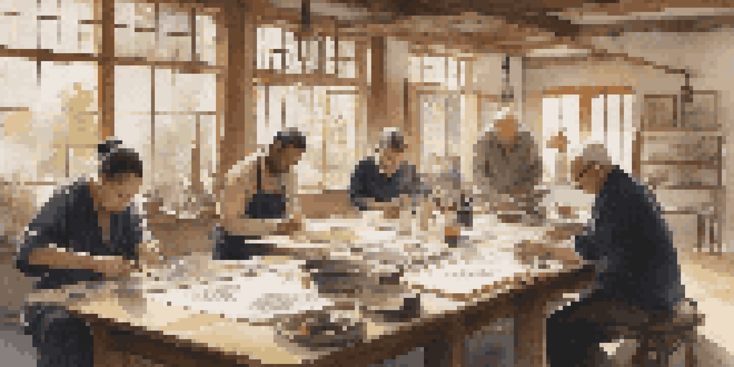 A calligraphy workshop with artists at a table, filled with tools and warm lighting.