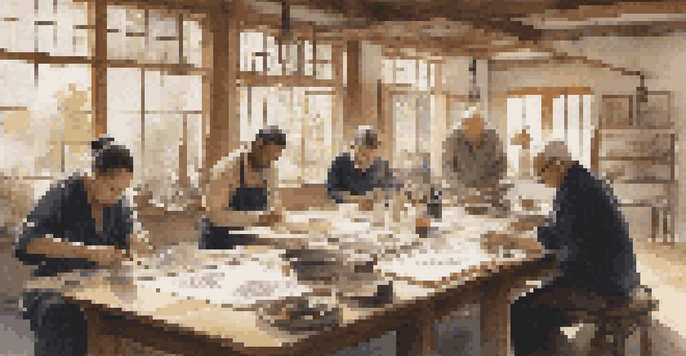 A calligraphy workshop with artists at a table, filled with tools and warm lighting.