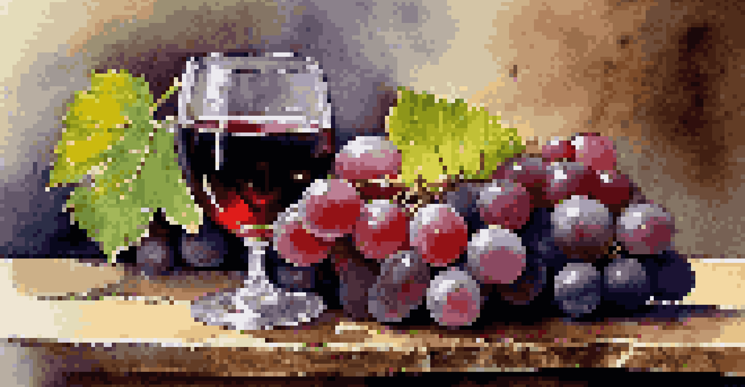 A close-up of a glass of biodynamic red wine with fresh grapes and herbs on a wooden table, illuminated by soft light.