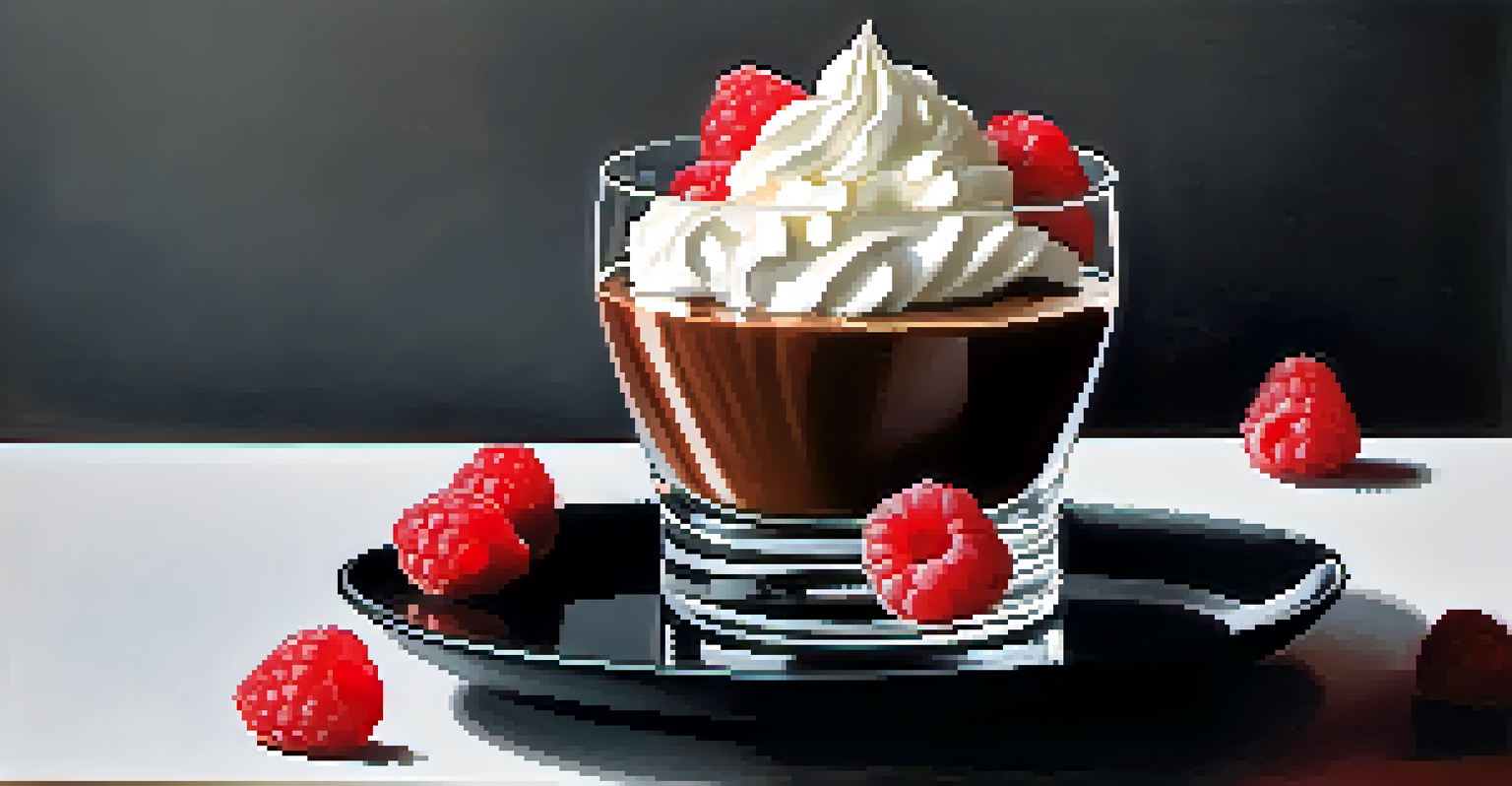 A glass cup filled with chocolate mousse topped with whipped cream and raspberries on a rectangular black plate, in a bright setting.