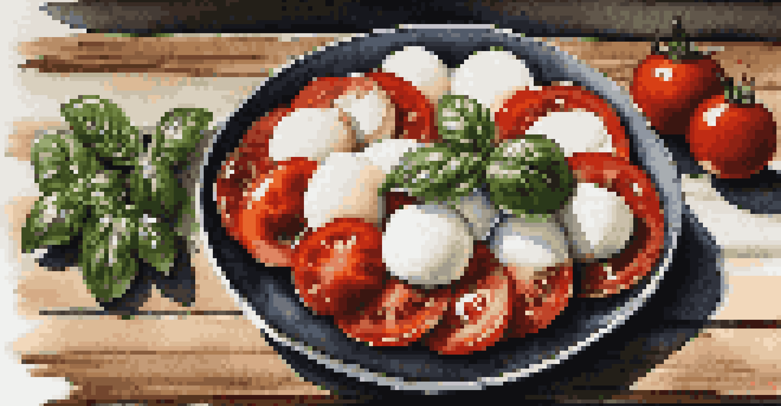 A modern caprese salad with tomato spheres, mozzarella slices, and basil leaves, presented on a rustic wooden table.