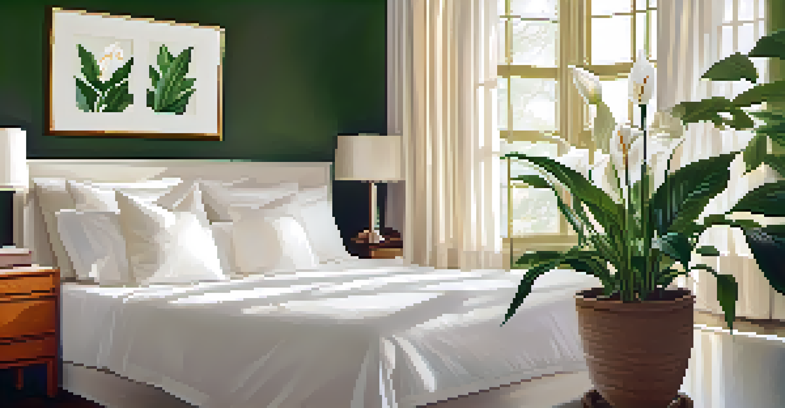 A serene bedroom with a Peace Lily on the bedside table, white blooms contrasting with green leaves.
