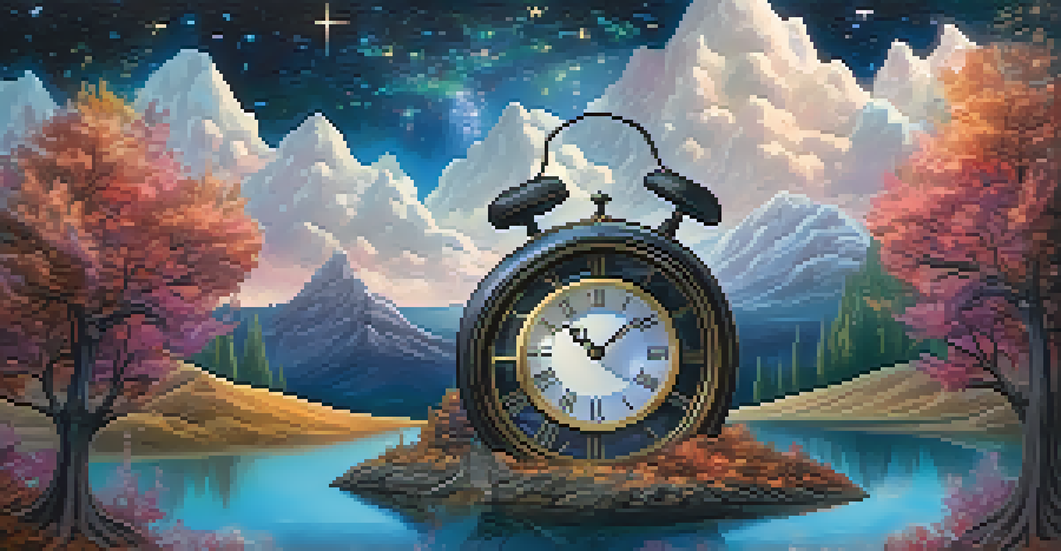 A surreal landscape featuring a melting clock on a mountain under a starry sky, evoking a dreamlike quality.