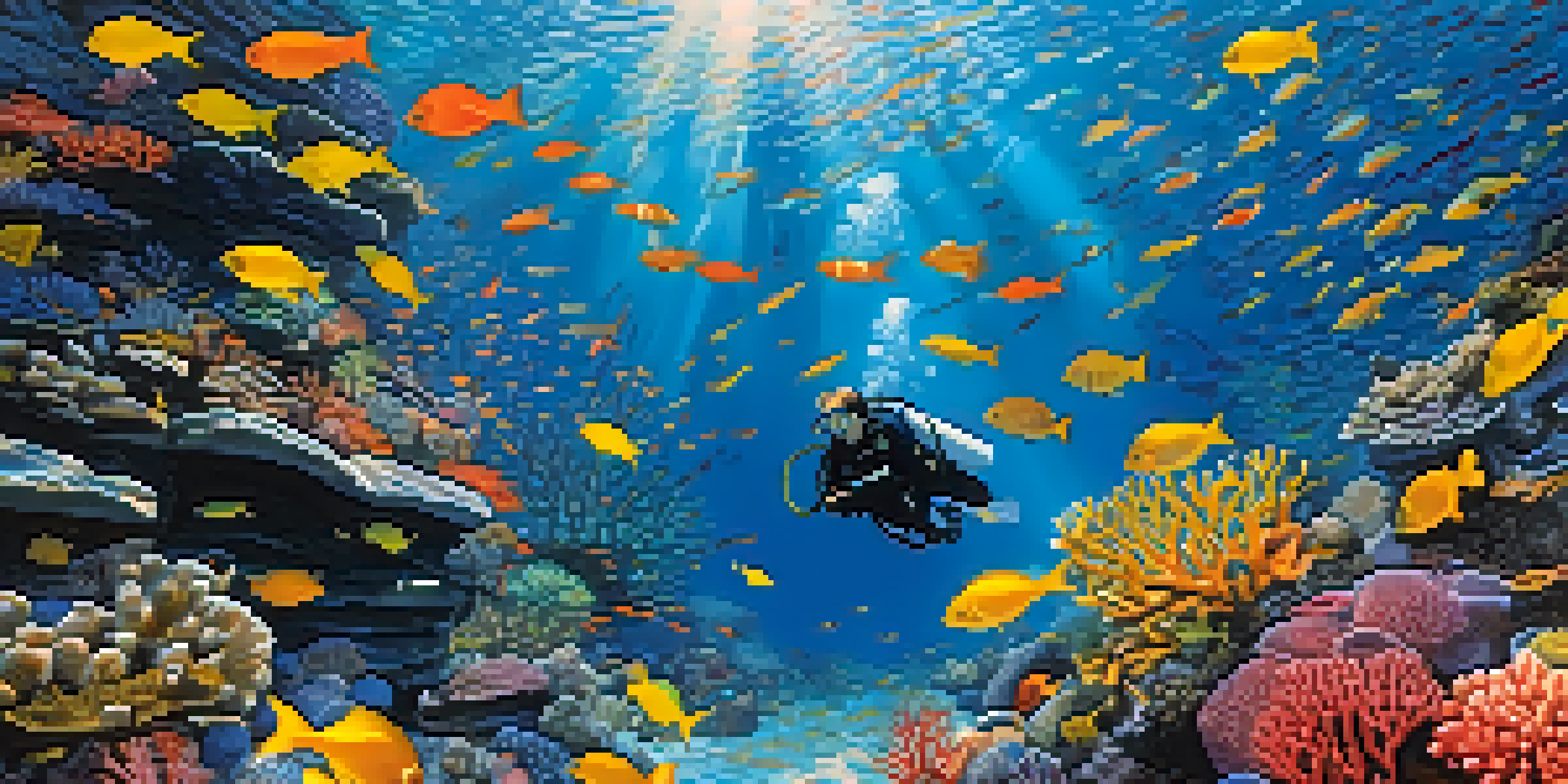 A scuba diver exploring a colorful coral reef with various fish swimming around, illuminated by sunlight filtering through the water.