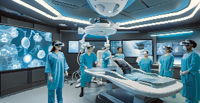 A modern VR training room with diverse trainees using headsets to engage in a surgical simulation.