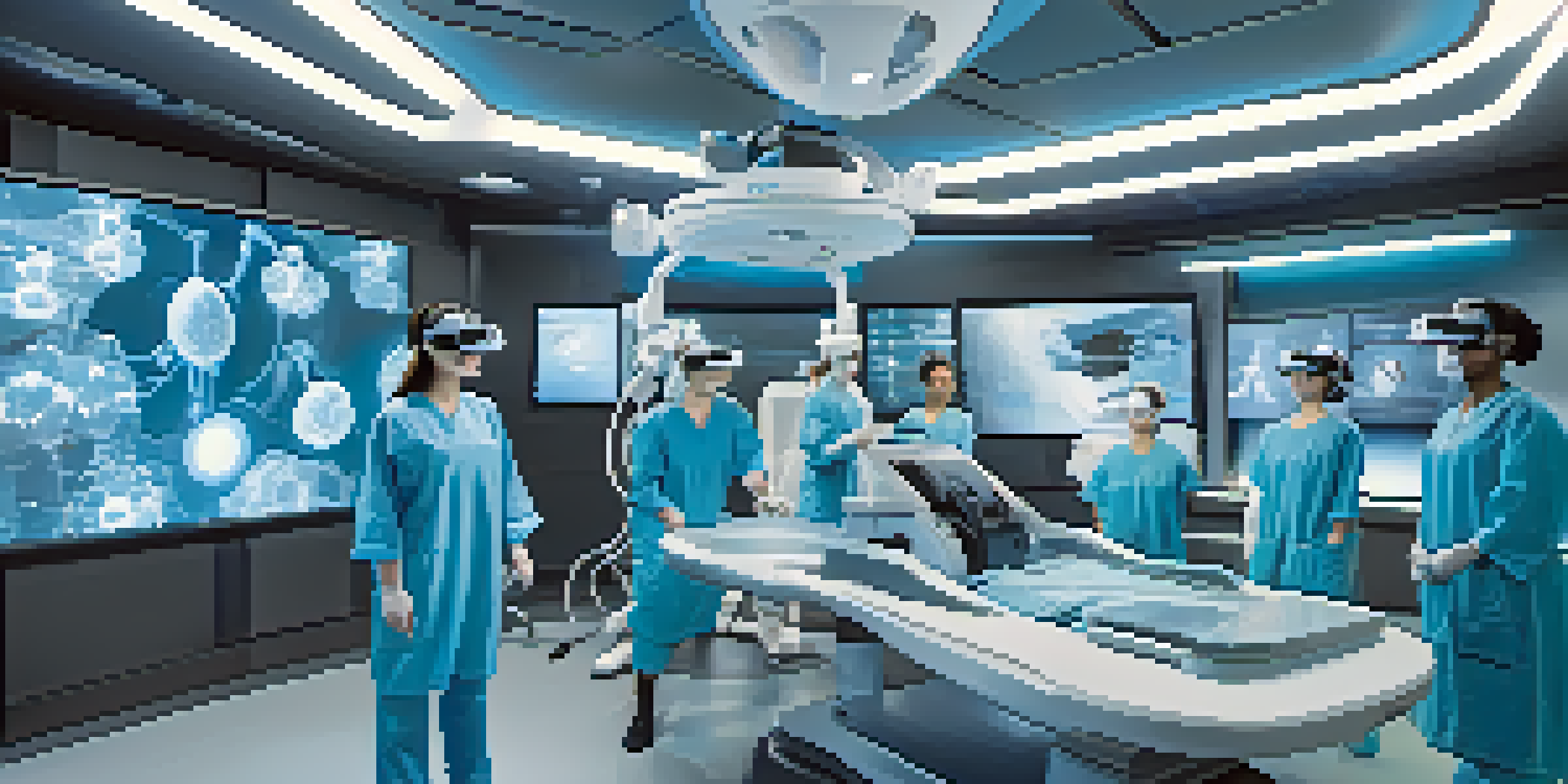 A modern VR training room with diverse trainees using headsets to engage in a surgical simulation.