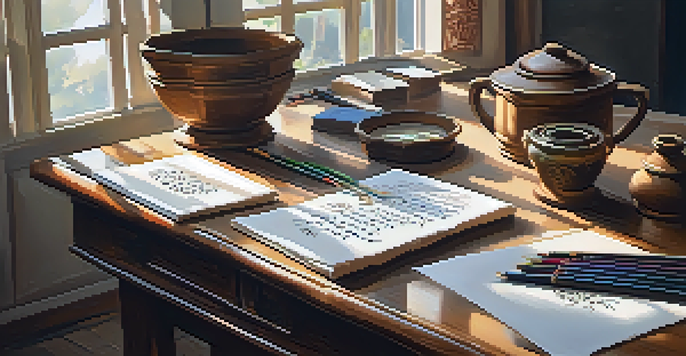 A calligraphy workspace with colorful ink pots, pens, and parchment showcasing calligraphic designs under soft natural light.