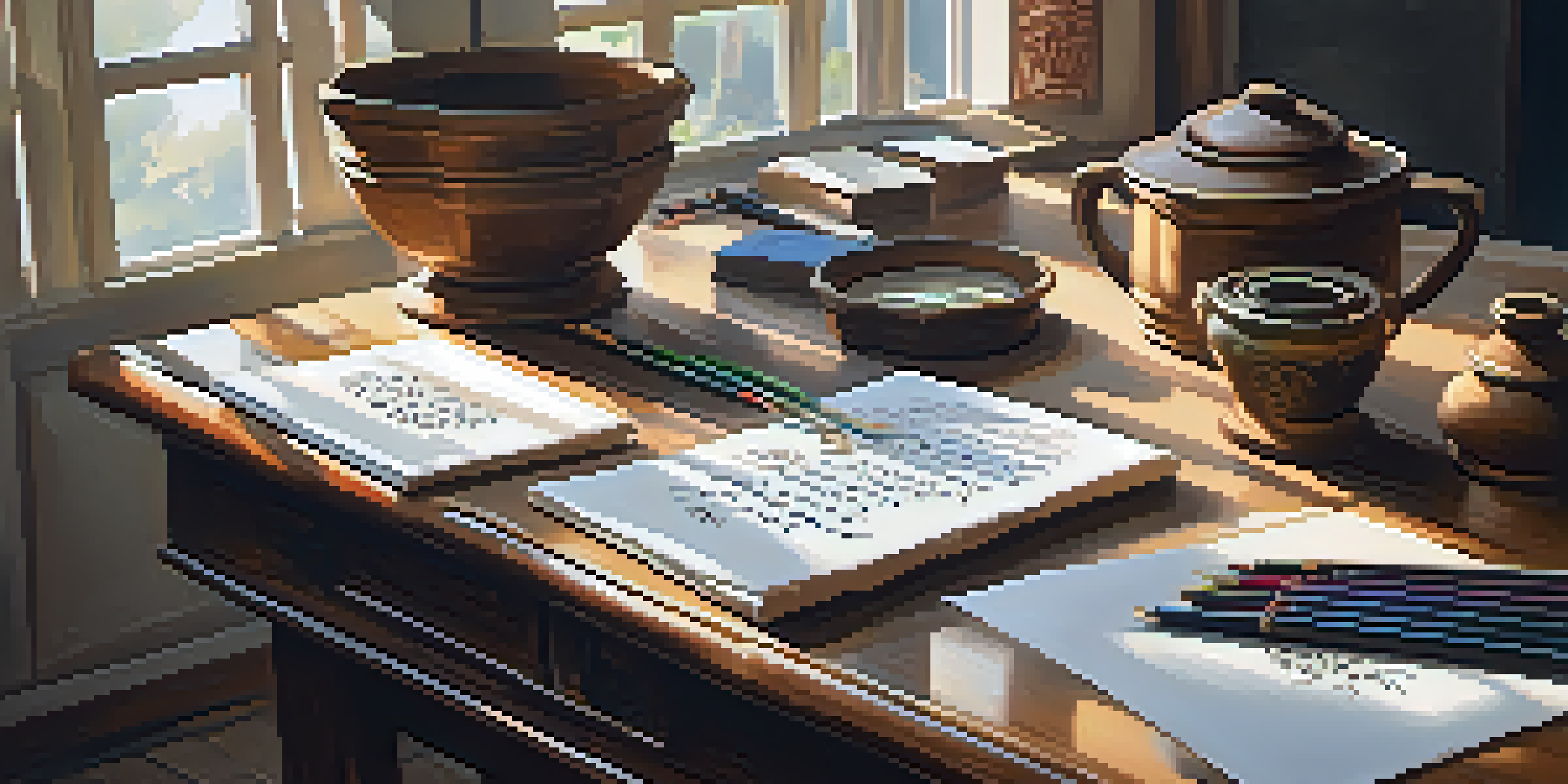 A calligraphy workspace with colorful ink pots, pens, and parchment showcasing calligraphic designs under soft natural light.