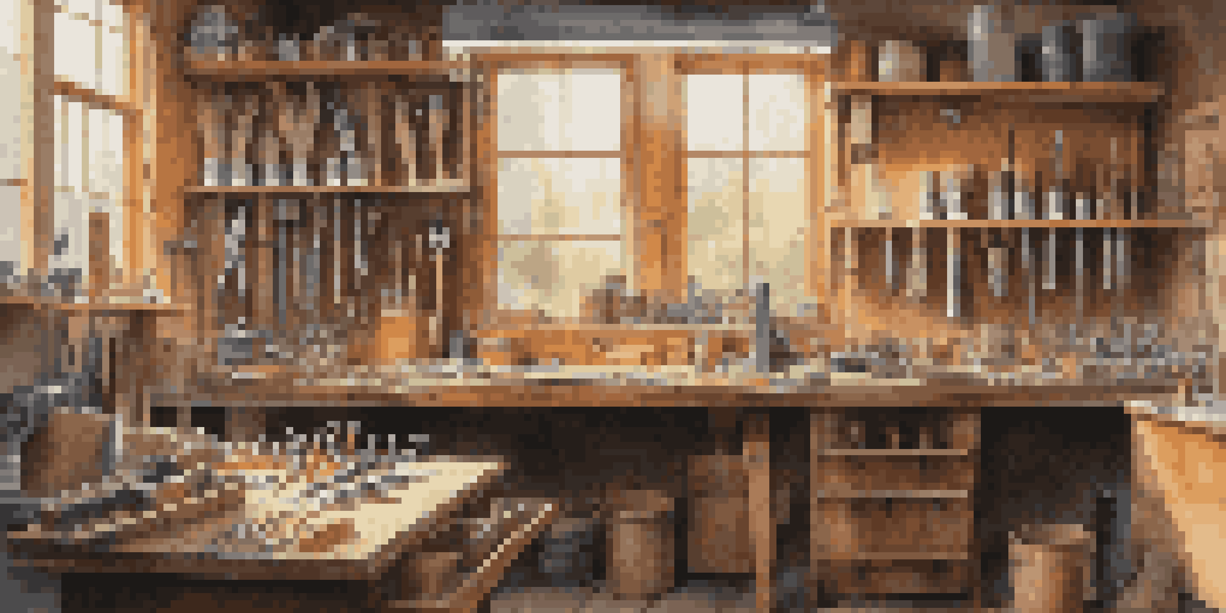 An organized workshop displaying essential hand tools on a wooden workbench, with natural light illuminating the scene.