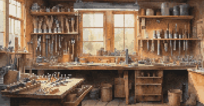 An organized workshop displaying essential hand tools on a wooden workbench, with natural light illuminating the scene.