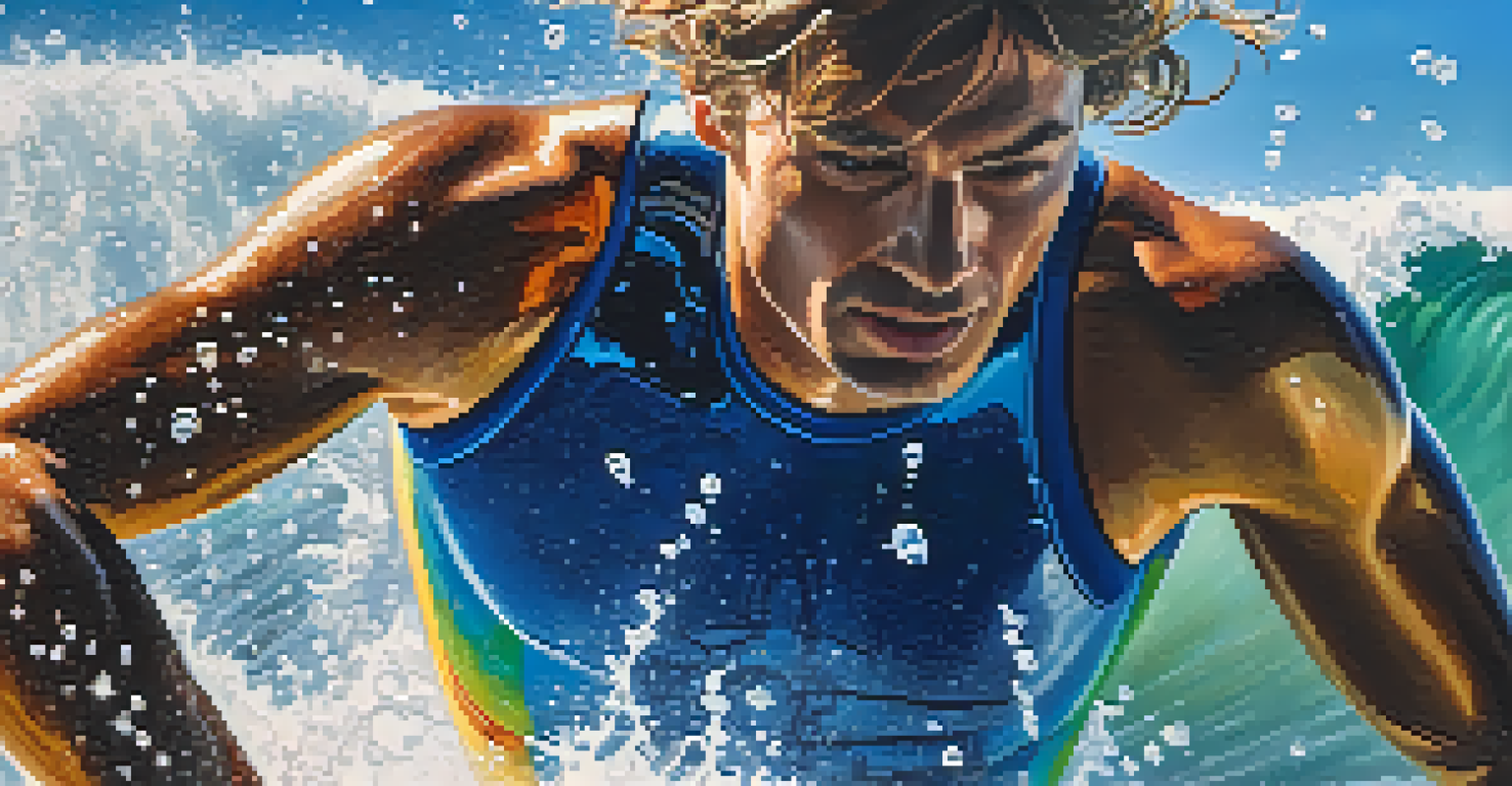 A close-up of a surfer coming out of the water with droplets glistening, showing determination and ocean spray in the background.