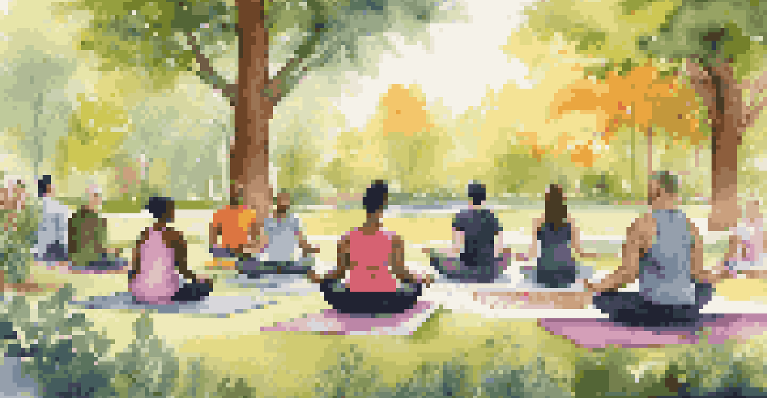 A group of people practicing mindfulness meditation in a park with flowers and trees around them.