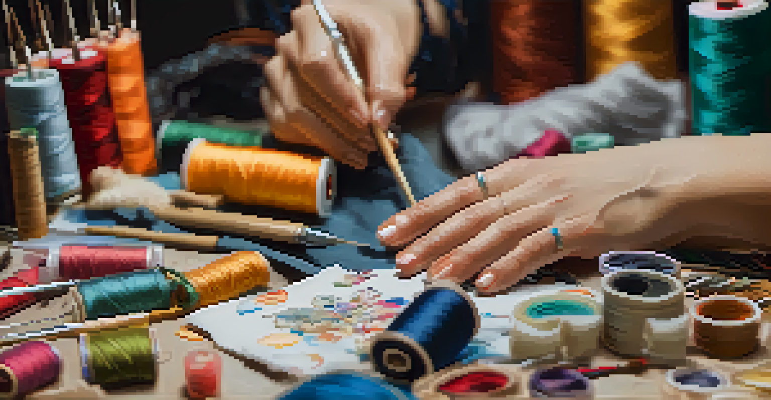 A close-up of a cosplayer's hand crafting a costume piece, surrounded by sewing tools and colorful fabrics, with warm lighting highlighting the textures.