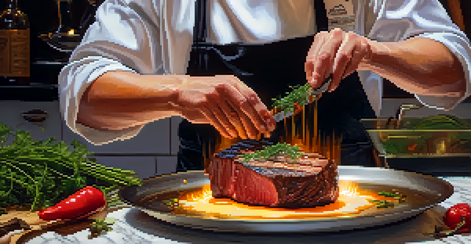 Close-up of a chef's hands searing a sous vide steak in a skillet, with herbs and spices on the counter, showcasing the cooking process.