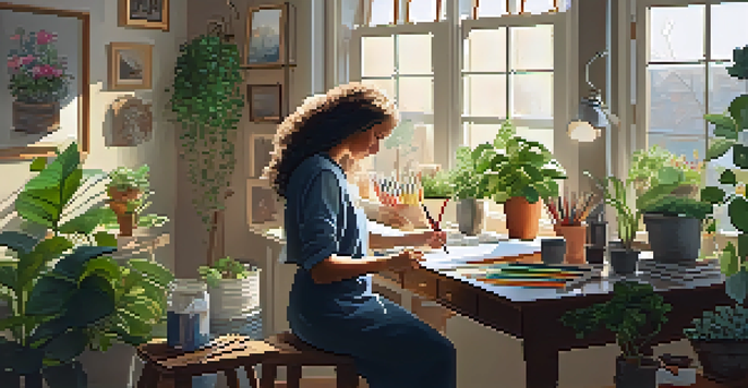 An artist painting in a bright, sunlit studio, surrounded by colorful artworks and plants.