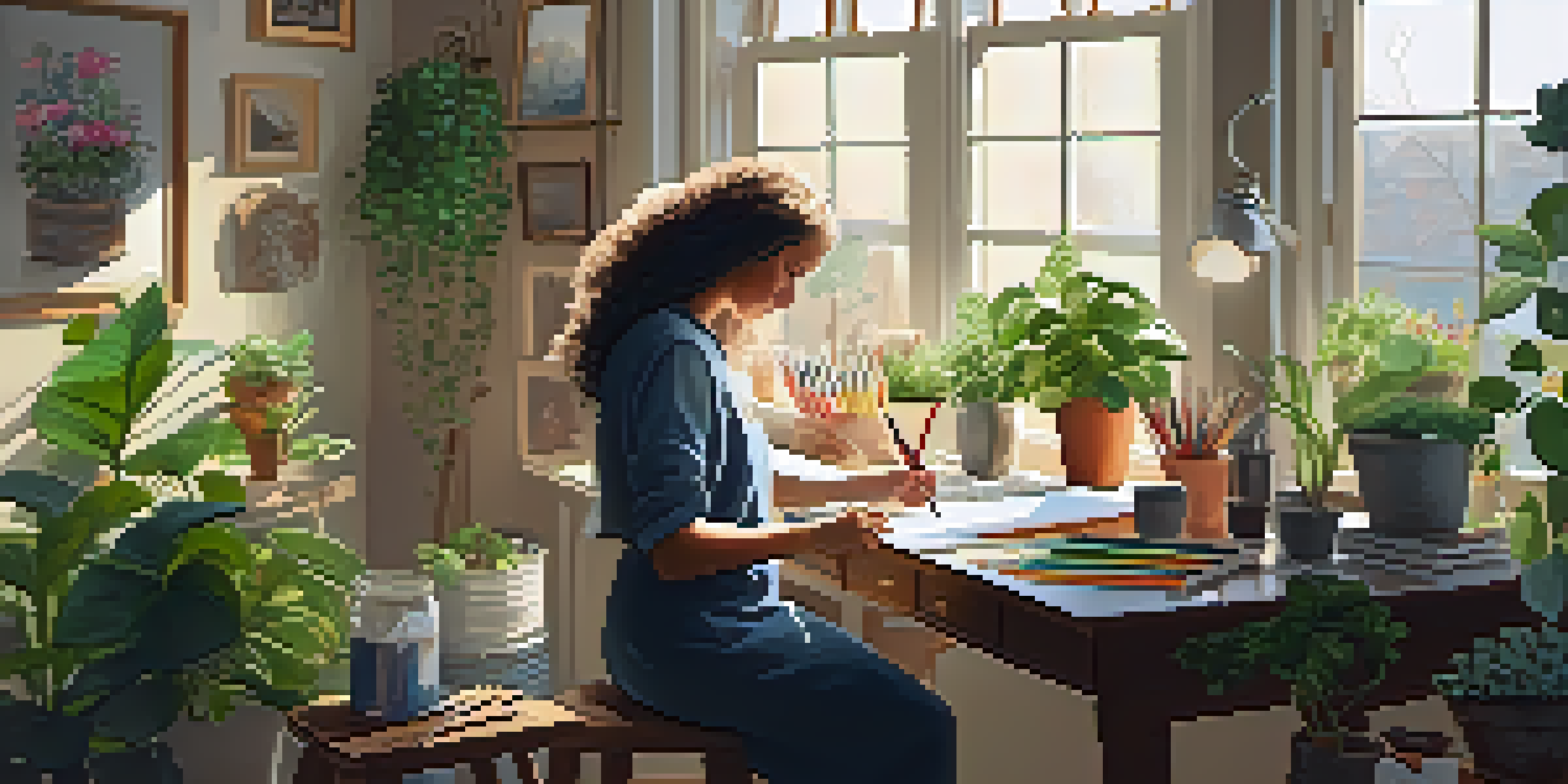 An artist painting in a bright, sunlit studio, surrounded by colorful artworks and plants.