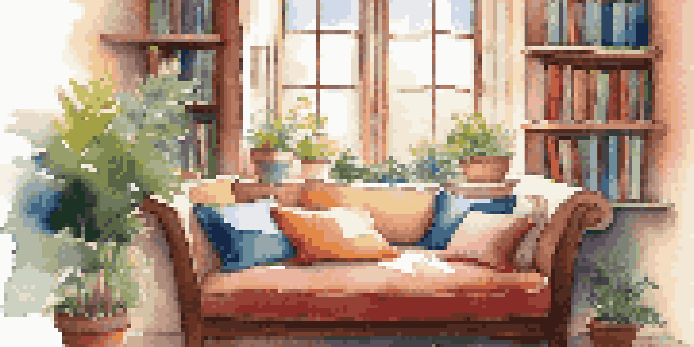 A cozy reading nook with cushions, a window letting in sunlight, books stacked, and a cup of tea on a table.