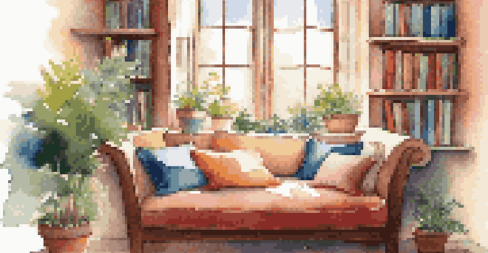 A cozy reading nook with cushions, a window letting in sunlight, books stacked, and a cup of tea on a table.