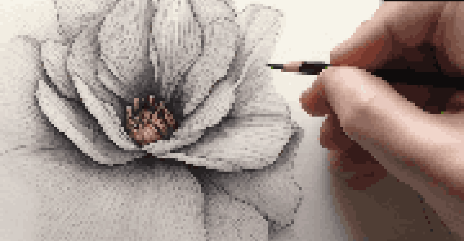 An artist's hand sketching a flower with varying line qualities on a textured page.