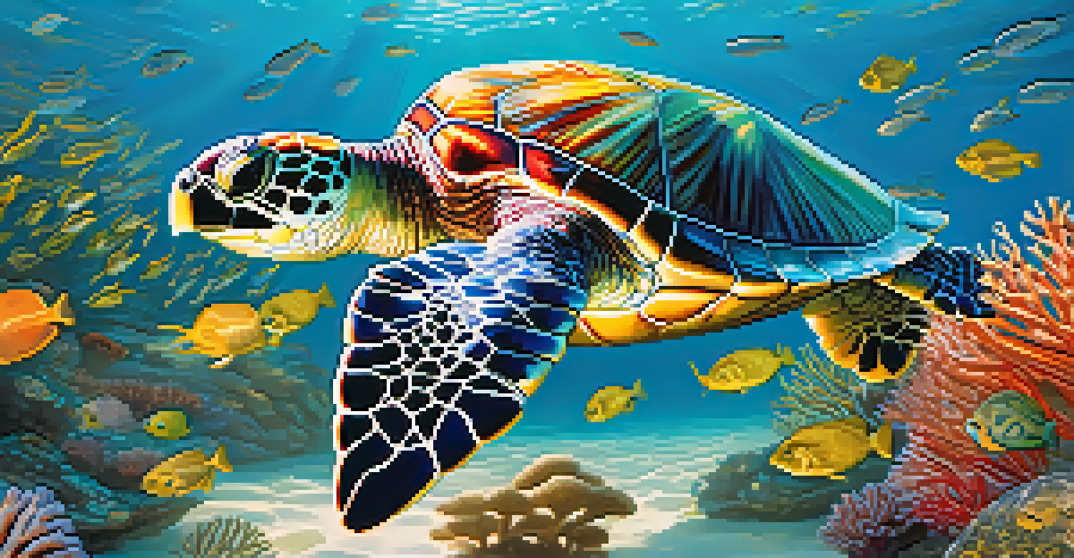 A sea turtle swimming effortlessly in the ocean, with small fish around it and a coral reef in the background.