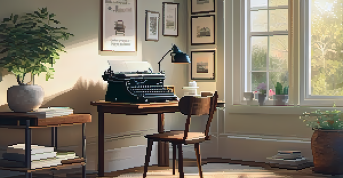 A warm and inviting writing space with a wooden desk, vintage typewriter, and inspiring artwork on the walls.