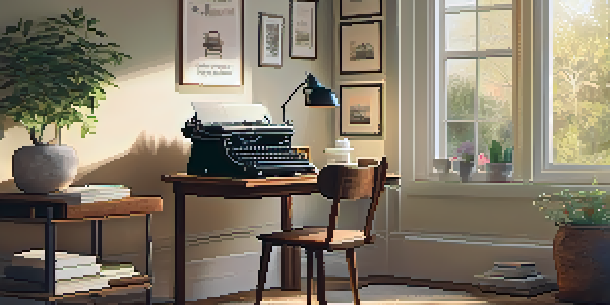 A warm and inviting writing space with a wooden desk, vintage typewriter, and inspiring artwork on the walls.