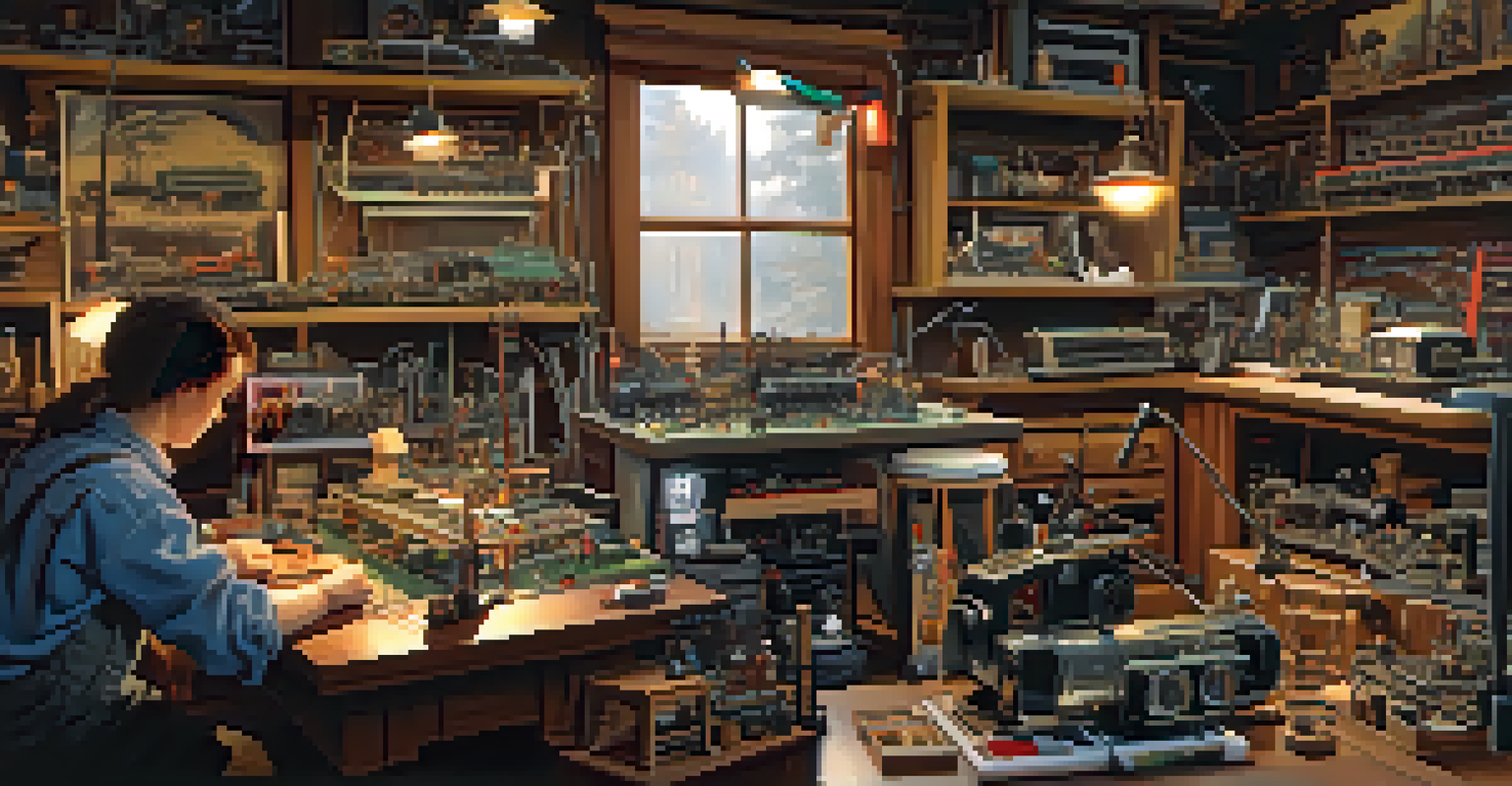 A hobbyist working on installing a sound system into a model train in a well-lit workshop.