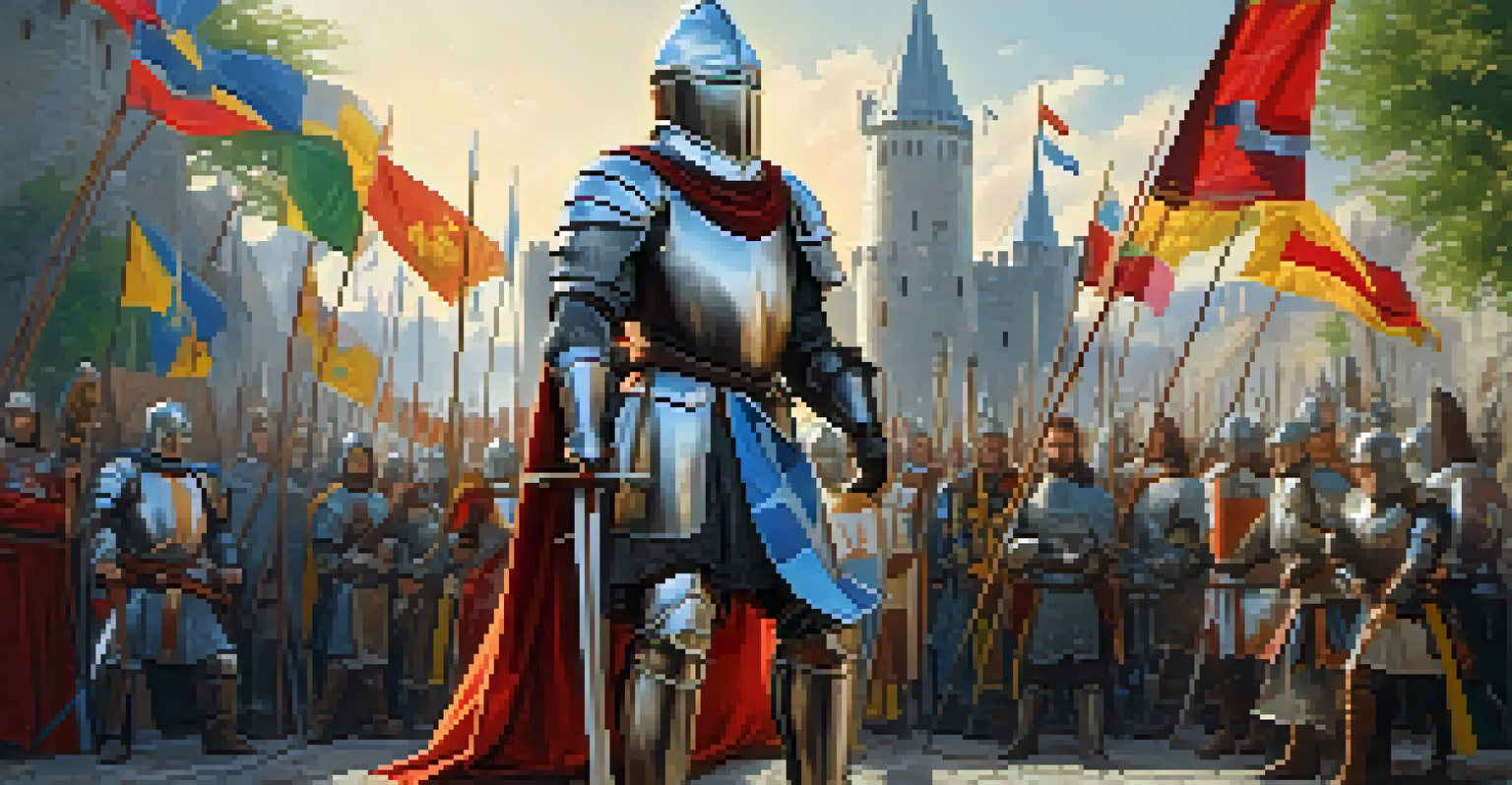 A knight in shining armor posed in front of a castle during a medieval reenactment, with flags waving in the breeze.