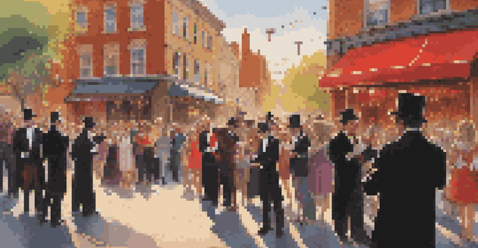 A magician in a tuxedo performing a card trick on a street corner, with an engaged audience and colorful street art in the background.