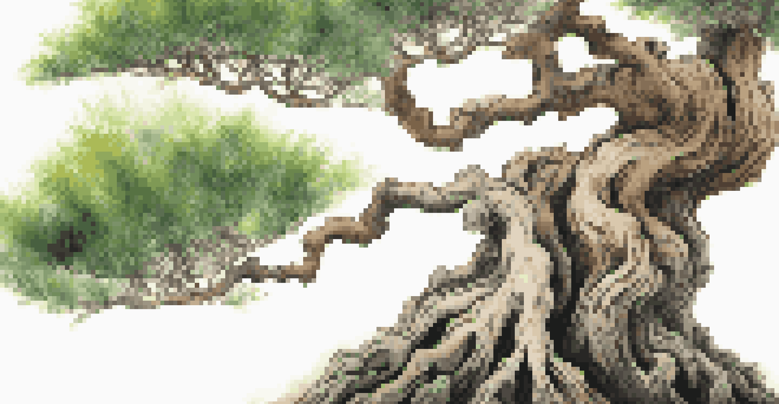 A close-up view of a bonsai tree's branches and leaves, highlighting the texture of the bark and vibrant green foliage against a softly blurred background.