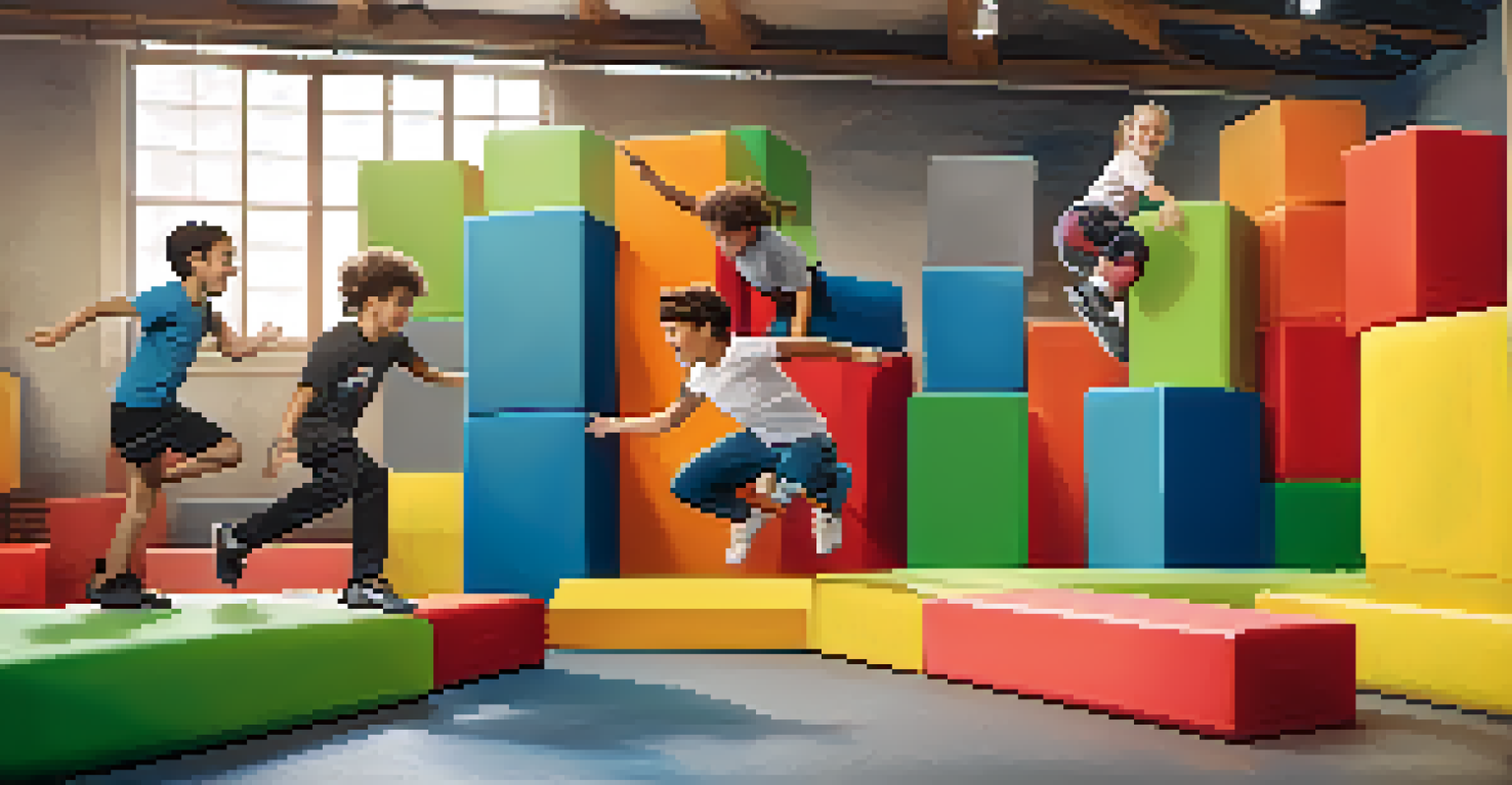 Children participating in a parkour class with an instructor, surrounded by soft mats and foam blocks.