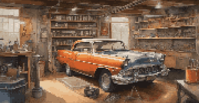 A vintage car workshop with a classic car on a lift, surrounded by tools and car parts, illuminated by warm lighting.