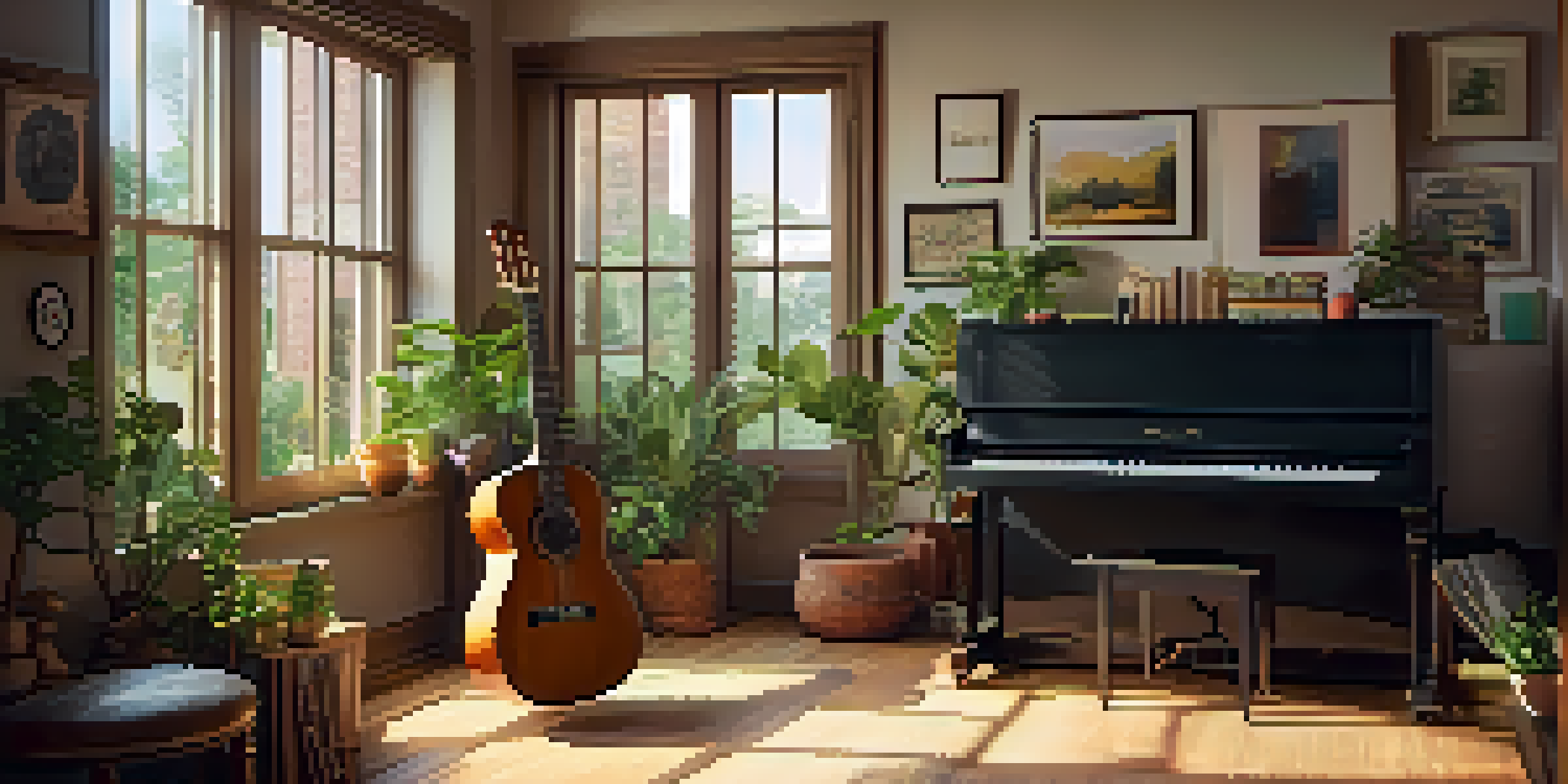 A warm and inviting music room with various instruments like a guitar, piano, and ukulele, illuminated by soft natural light.
