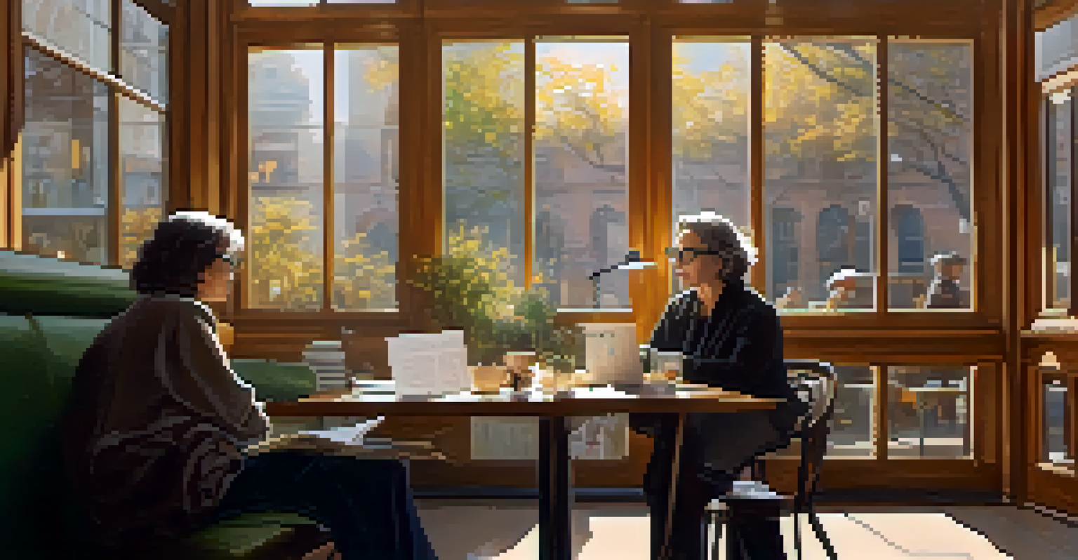 A writer seated in a sunny café, working on her laptop with a cup of coffee nearby.