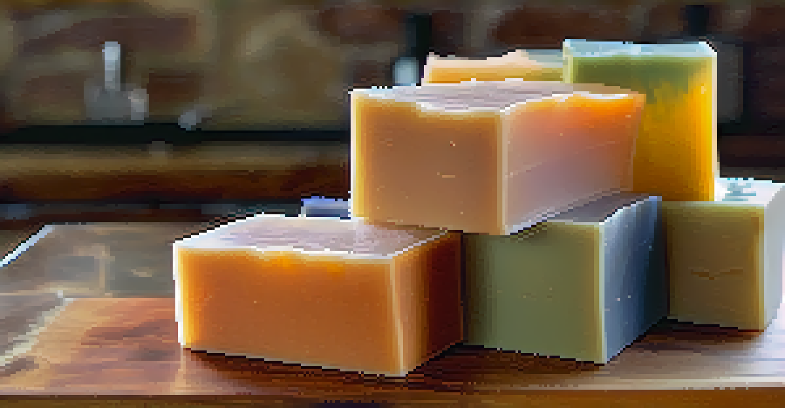 Close-up of freshly cut bars of lye soap on a wooden cutting board with colorful designs.