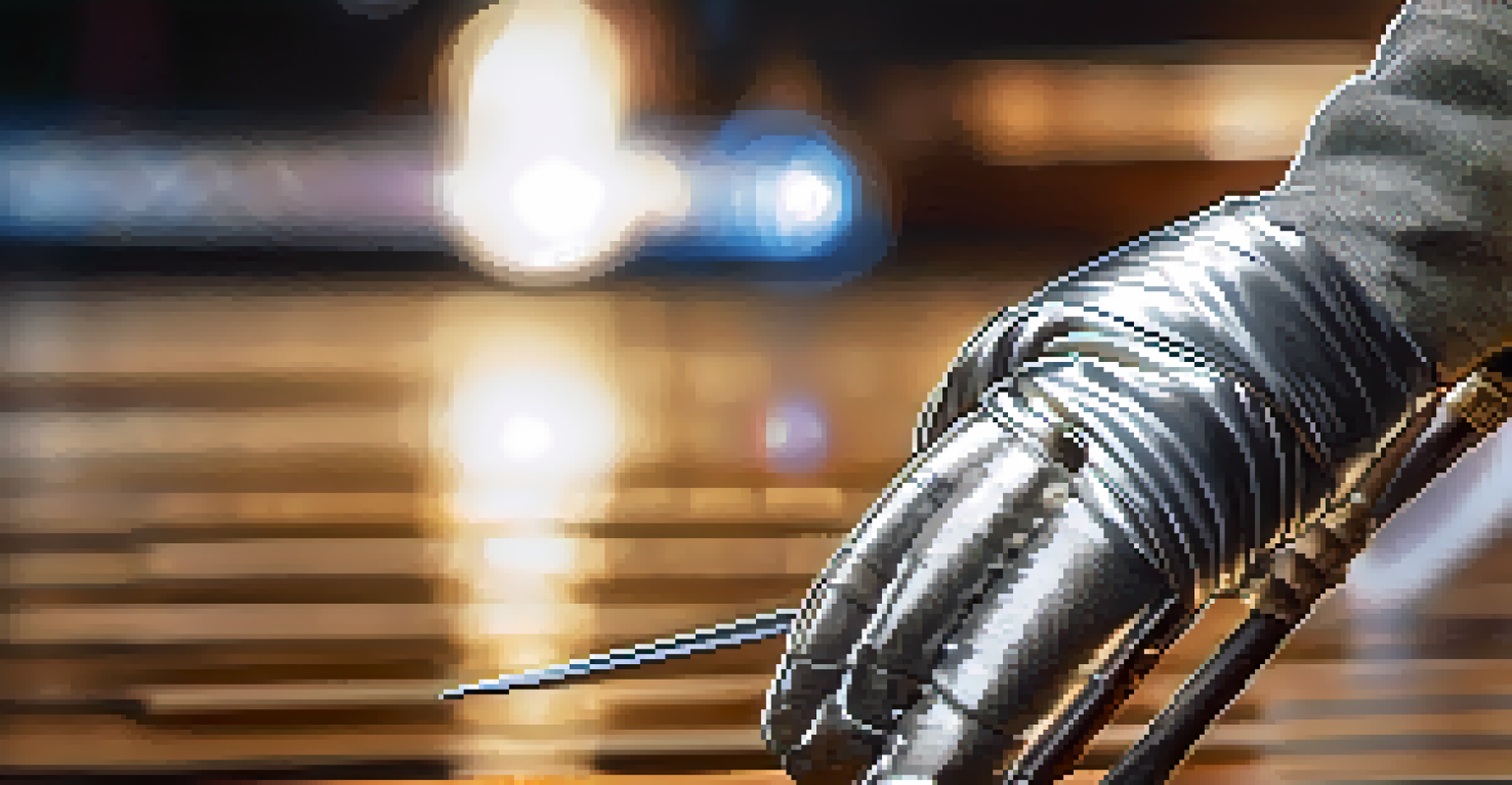 A close-up of a fencer's hand gripping the hilt of a foil, with a blurred fencing strip in the background, highlighting the glove and weapon's details.