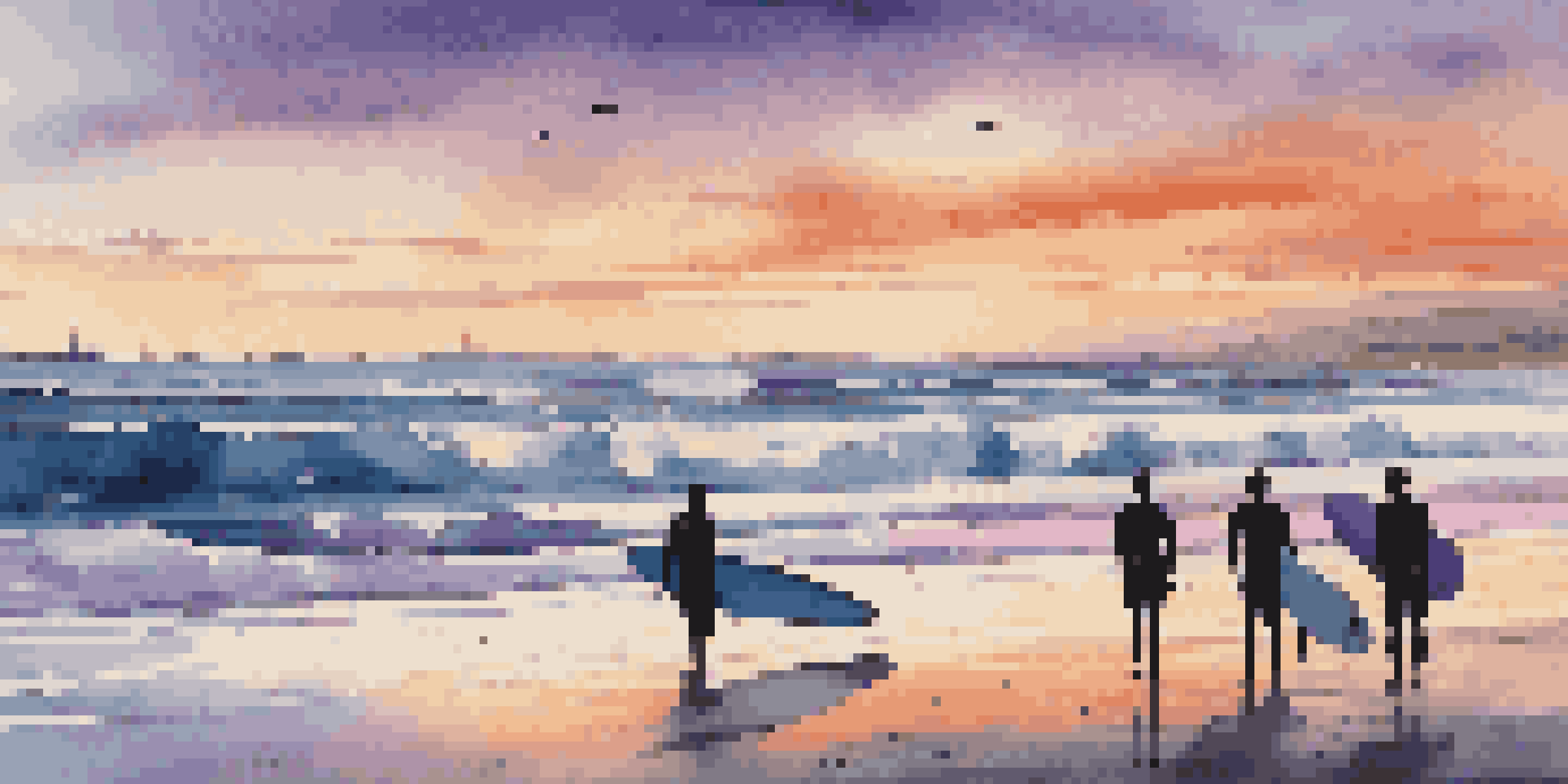 A peaceful beach at sunrise with surfers preparing their boards and riding waves, showcasing vibrant colors in the sky.