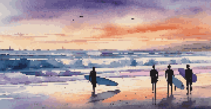 A peaceful beach at sunrise with surfers preparing their boards and riding waves, showcasing vibrant colors in the sky.