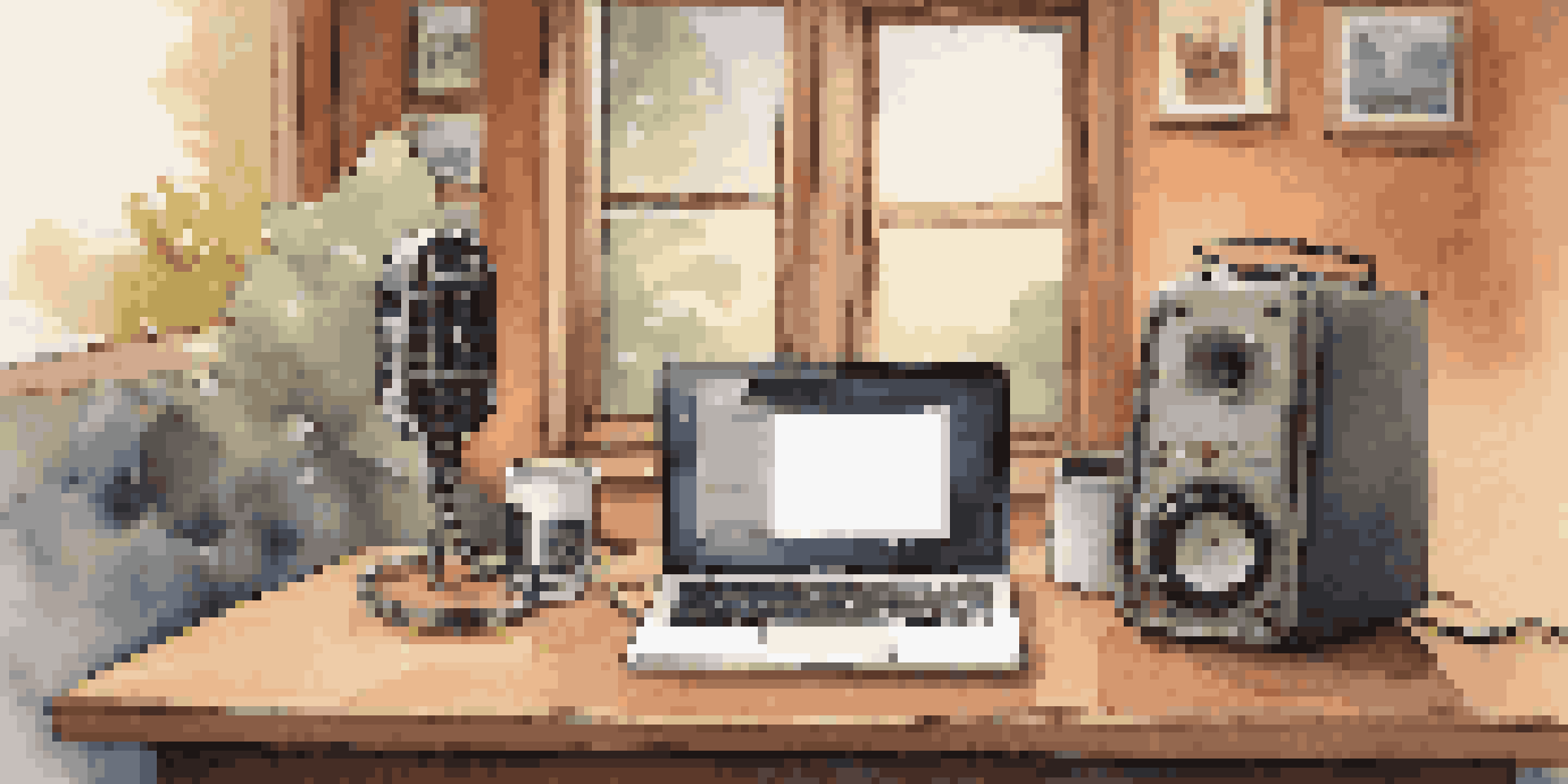 A cozy podcast studio with a vintage microphone, headphones, and a laptop on a wooden desk, warm lighting, and a steaming cup of coffee.