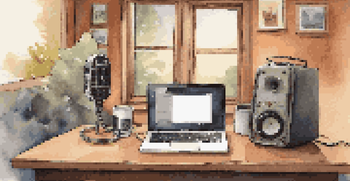 A cozy podcast studio with a vintage microphone, headphones, and a laptop on a wooden desk, warm lighting, and a steaming cup of coffee.