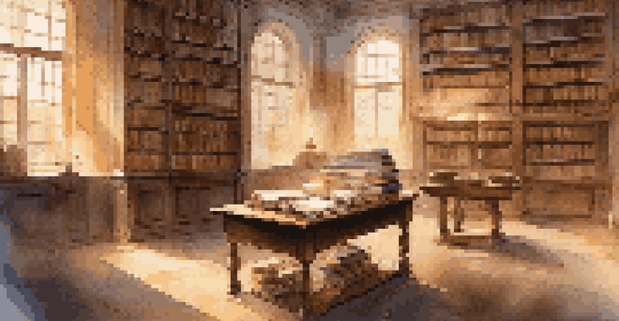 A cozy library with shelves of historical books, warm lighting, and a wooden table with an open notebook and a quill pen.
