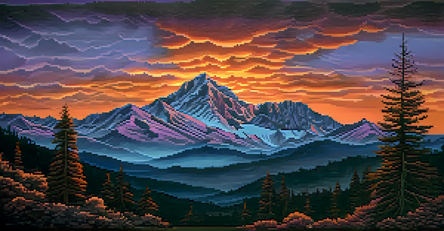 A large back tattoo showing a mountainous landscape at sunset with orange and purple skies, featuring detailed mountains and silhouettes of pine trees.