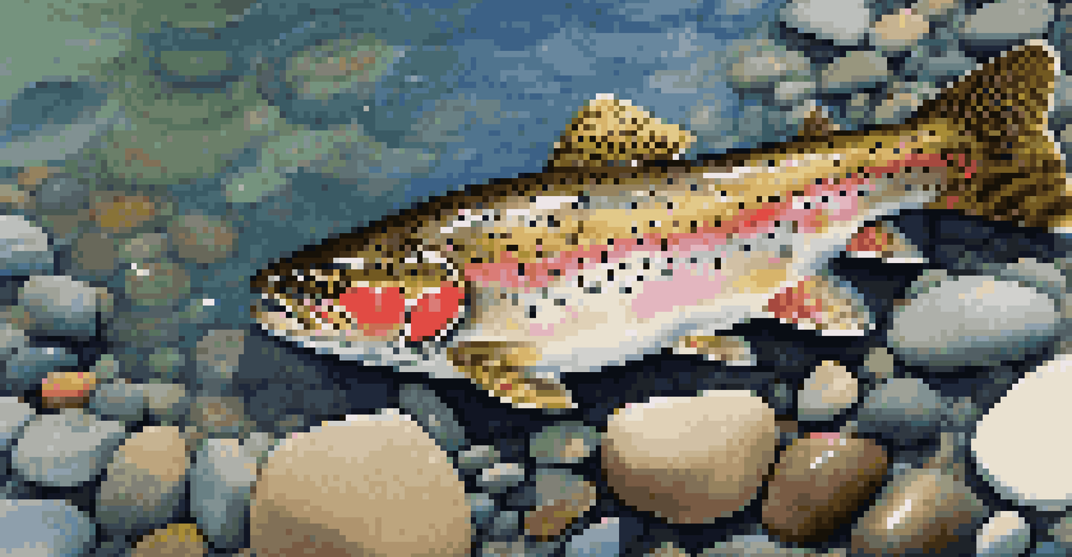 Close-up of a rainbow trout on pebbles in a clear stream, showcasing its vibrant colors under sunlight.