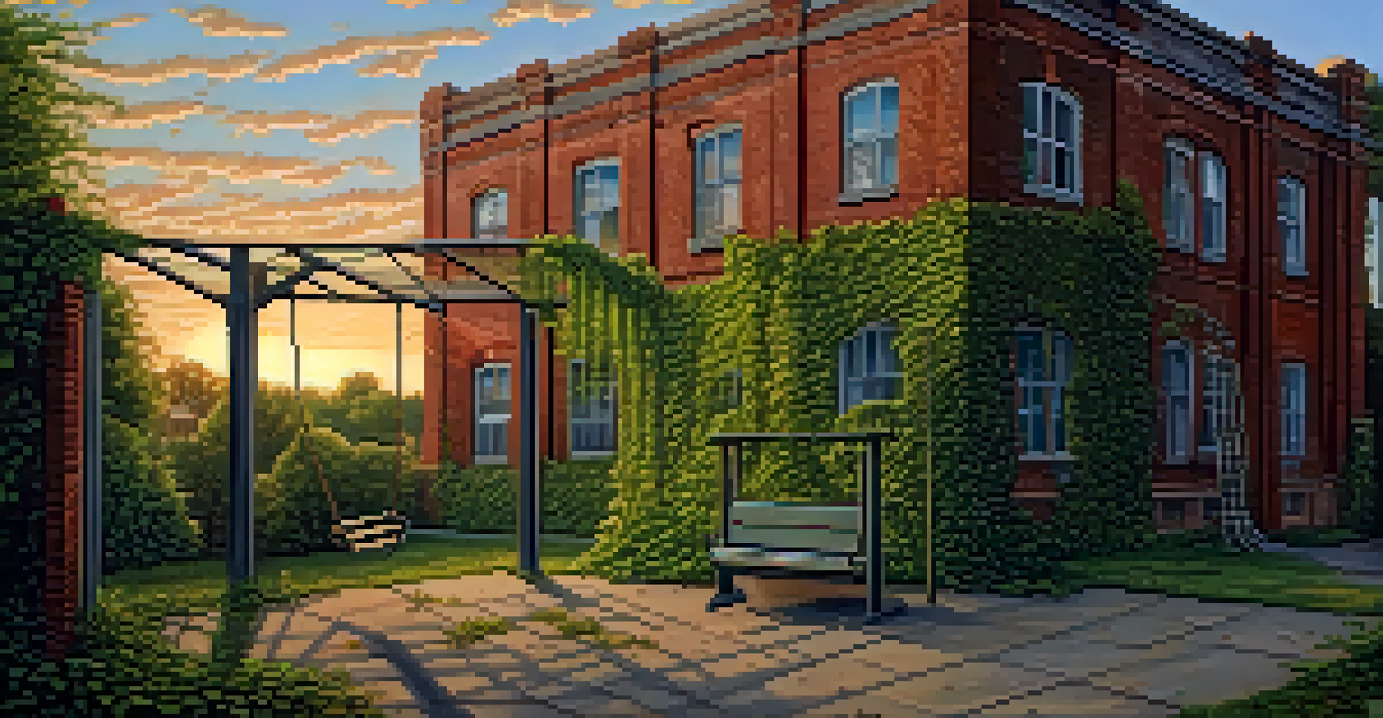 An old school building covered in ivy with a dilapidated playground, all under a beautiful sunset.
