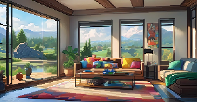 A cozy living room with a couch, gaming console on a coffee table, and colorful decorations, filled with natural light.