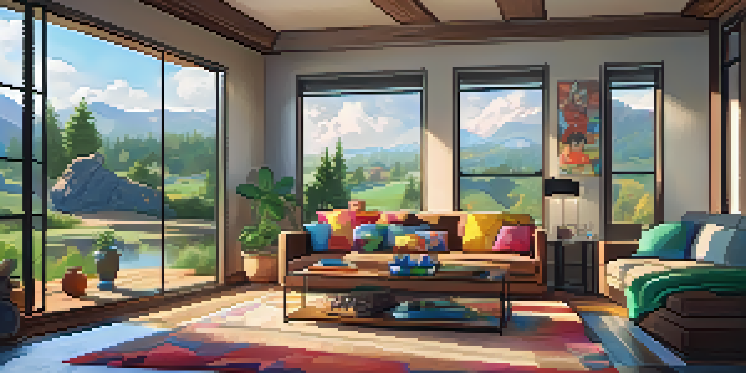 A cozy living room with a couch, gaming console on a coffee table, and colorful decorations, filled with natural light.