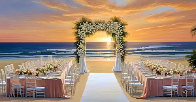 An outdoor wedding on the beach at sunset, with floral decorations and guests seated on white chairs.
