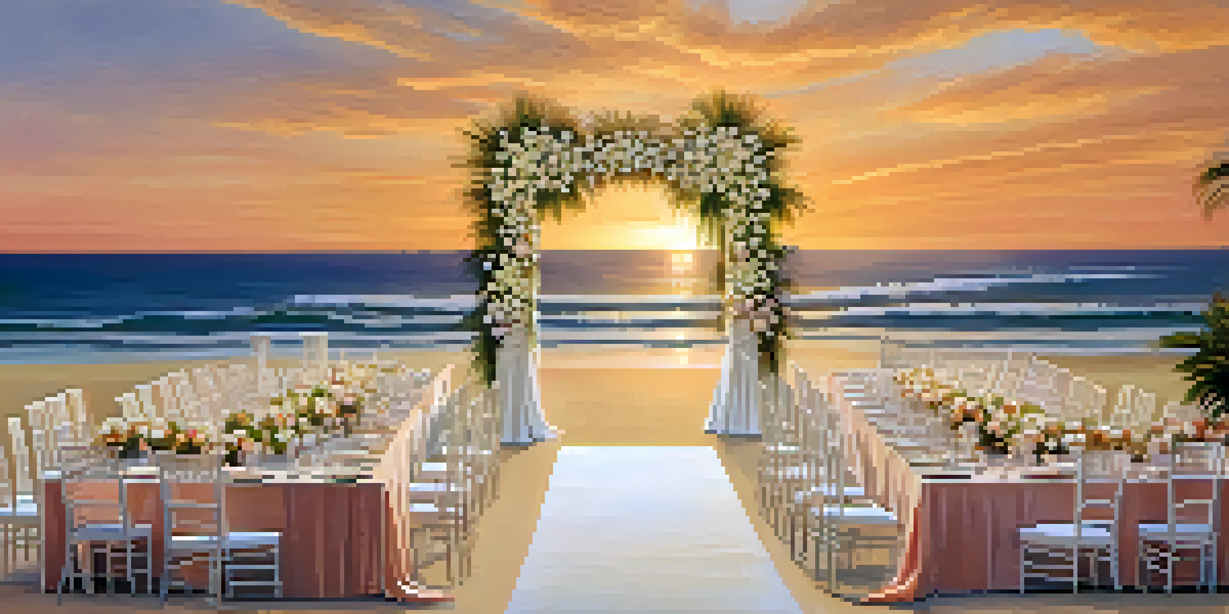 An outdoor wedding on the beach at sunset, with floral decorations and guests seated on white chairs.